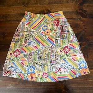 Talbots Colorful Italy France Scene City Floral Print Skirt Womens 8 Tencel Soft